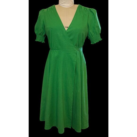 Alex Marie Womens 6 Kelly Green Midi Wrap Dress Short Puff Sleeves Linen Blend - Picture 6 of 10
